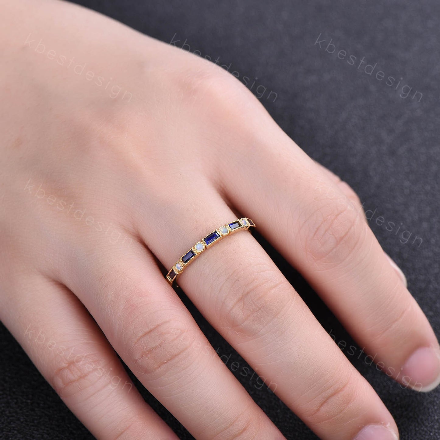 Vintage Sapphire Opal Wedding Band Baguette cut solid gold wedding ring Unique Stacking ring matching ring Bridal ring Anniversary band ring