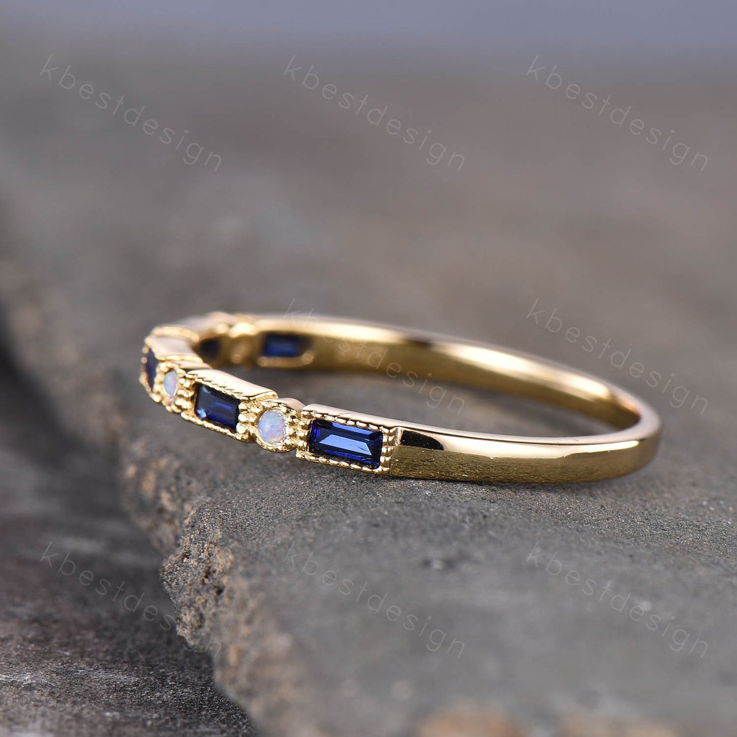 Vintage Sapphire Opal Wedding Band Baguette cut solid gold wedding ring Unique Stacking ring matching ring Bridal ring Anniversary band ring