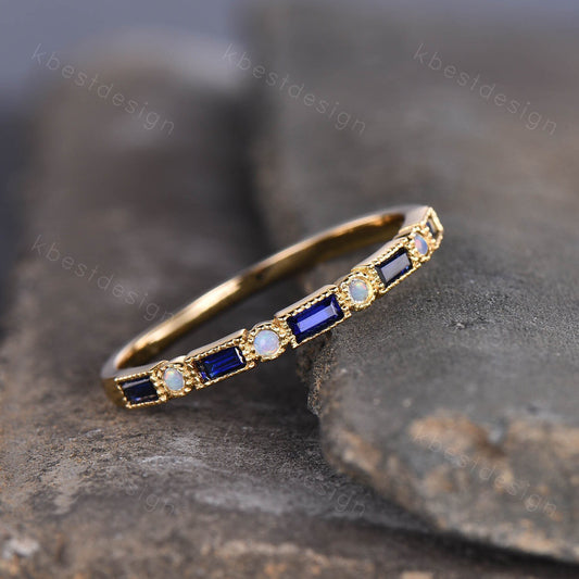 Vintage Sapphire Opal Wedding Band Baguette cut solid gold wedding ring Unique Stacking ring matching ring Bridal ring Anniversary band ring