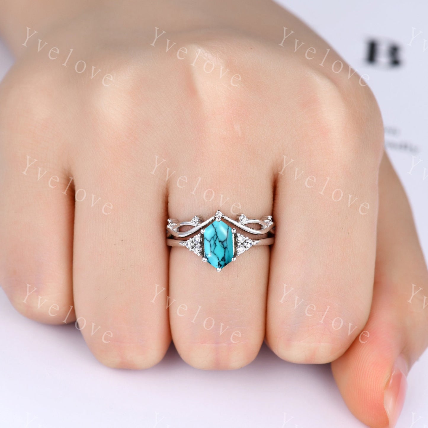 Retro Hexagon Turquoise Ring,Vintage Sterling Silver Ring Set,Unique Turquoise Engagement Ring,Promise Ring,Anniversary Ring Gift For Her