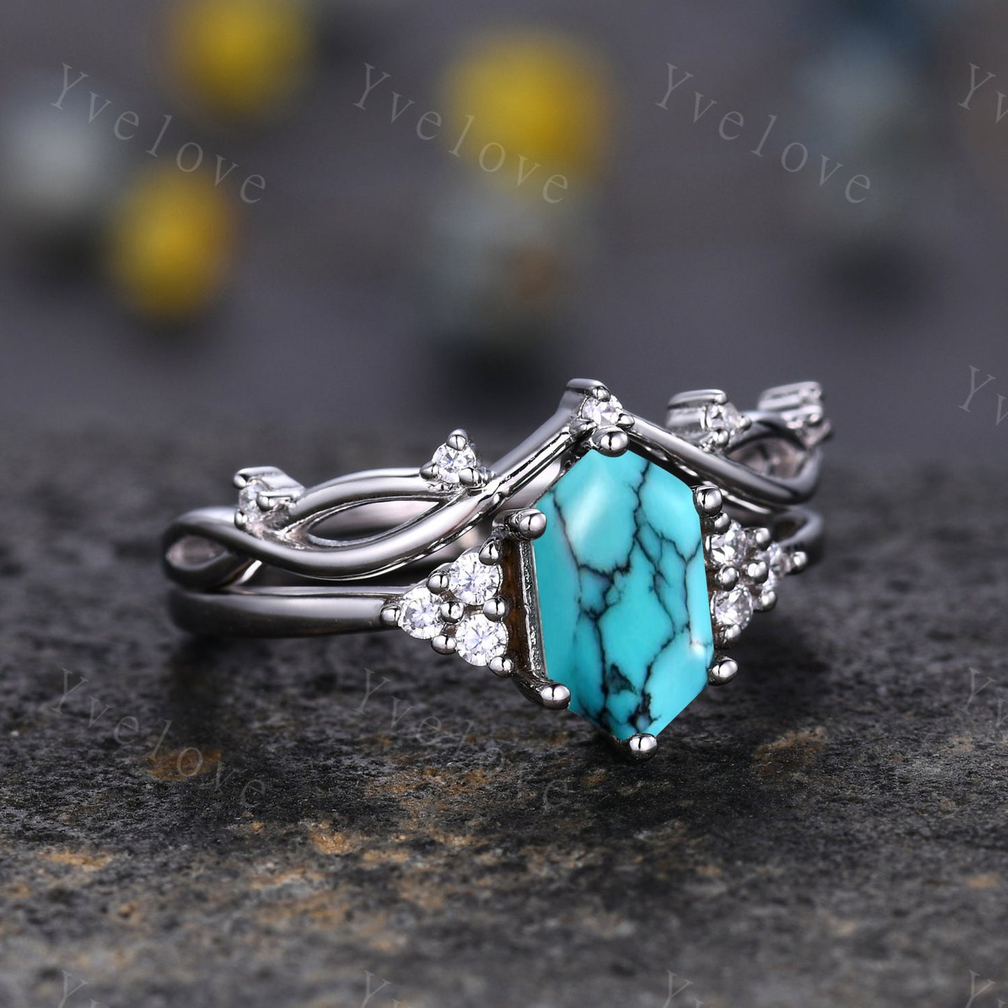 Retro Hexagon Turquoise Ring,Vintage Sterling Silver Ring Set,Unique Turquoise Engagement Ring,Promise Ring,Anniversary Ring Gift For Her