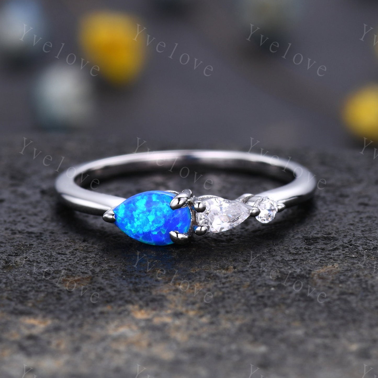 Vintage Black Opal Ring Engagement Ring,Pear Cut Gems,Art Deco Moissanite Wedding Band,3 Stone Unique Women Bridal Promise Ring,Rose gold