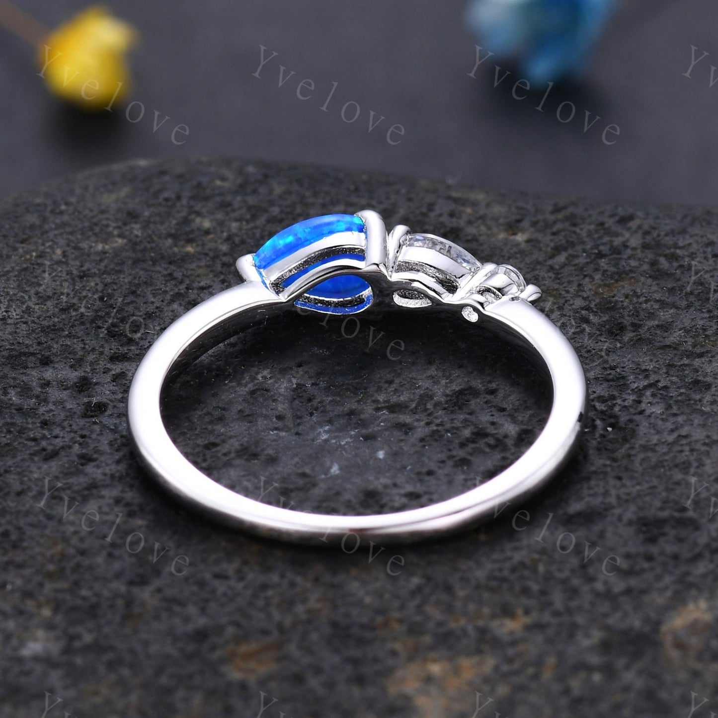 Vintage Black Opal Ring Engagement Ring,Pear Cut Gems,Art Deco Moissanite Wedding Band,3 Stone Unique Women Bridal Promise Ring,Rose gold