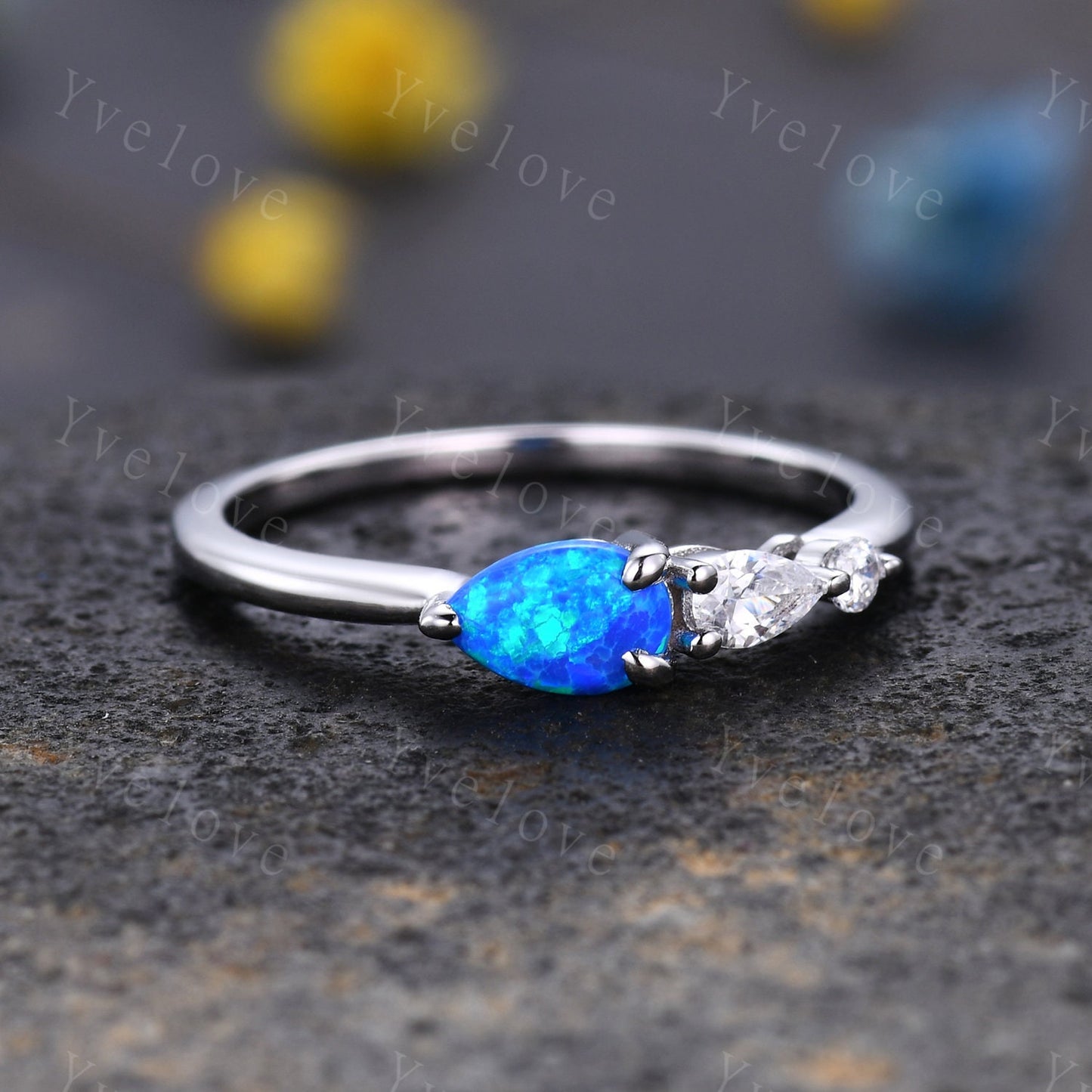 Vintage Black Opal Ring Engagement Ring,Pear Cut Gems,Art Deco Moissanite Wedding Band,3 Stone Unique Women Bridal Promise Ring,Rose gold