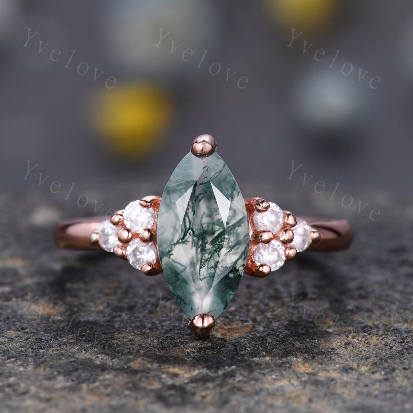 Unique marquise cut moss agate engagement ring set vintage women rose gold moissanite diamond stacking wedding ring Bridal set art deco ring