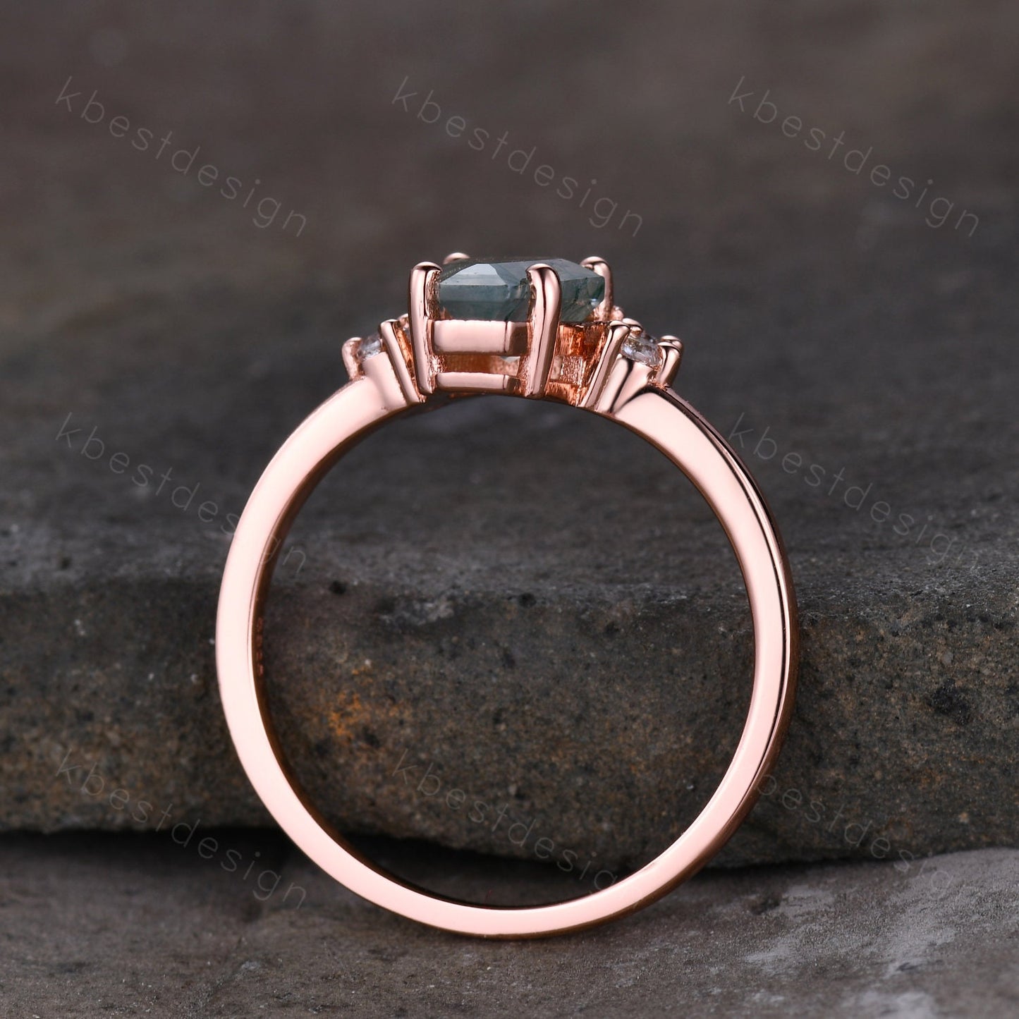 Vintage Moss Agate engagement ring Rose gold Coffin shaped Ring Unique pear moissanite ring Art deco prong set anniversary ring Women Gift