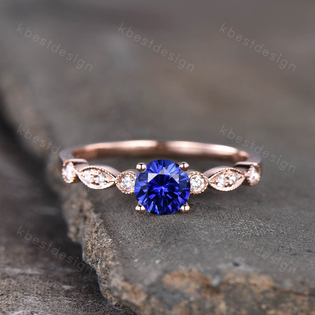 Vintage Alexandrite engagement ring, 14K Rose Gold Ring, Round cut Bridal Ring, Unique Moissanite Ring, Art deco Prong set ring