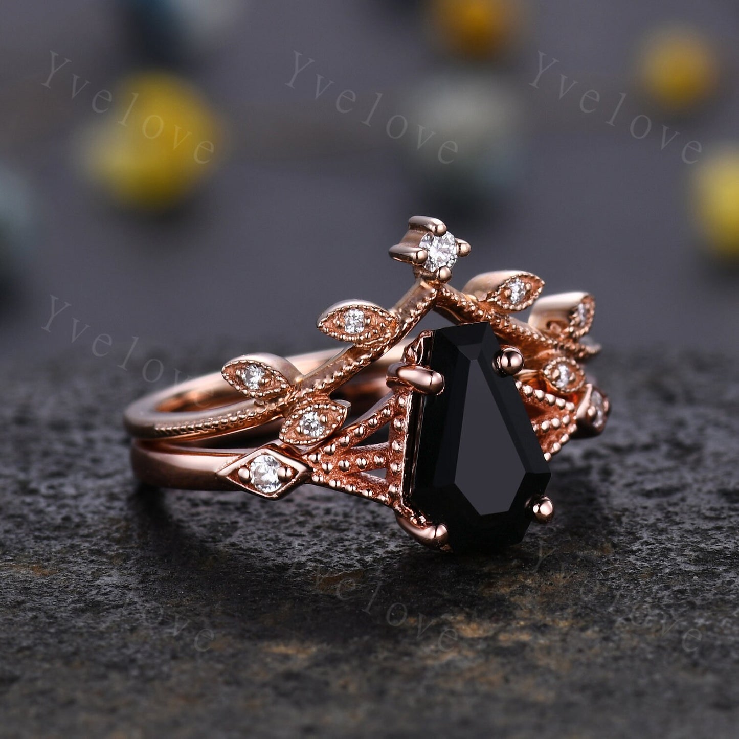 Vintage Coffin black onyx ring set diamond wedding ring Unique black onyx engagement ring women rose gold diamond matching band promise ring