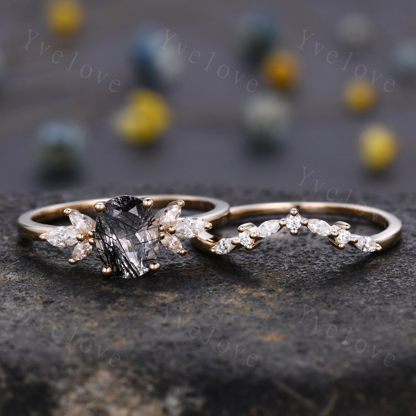Black Rutilated Quartz Engagement Ring Set Art Deco Ring Women Stacking Diamond Moissanite Matching Band Unique Vintage Floral Jewelry Gold