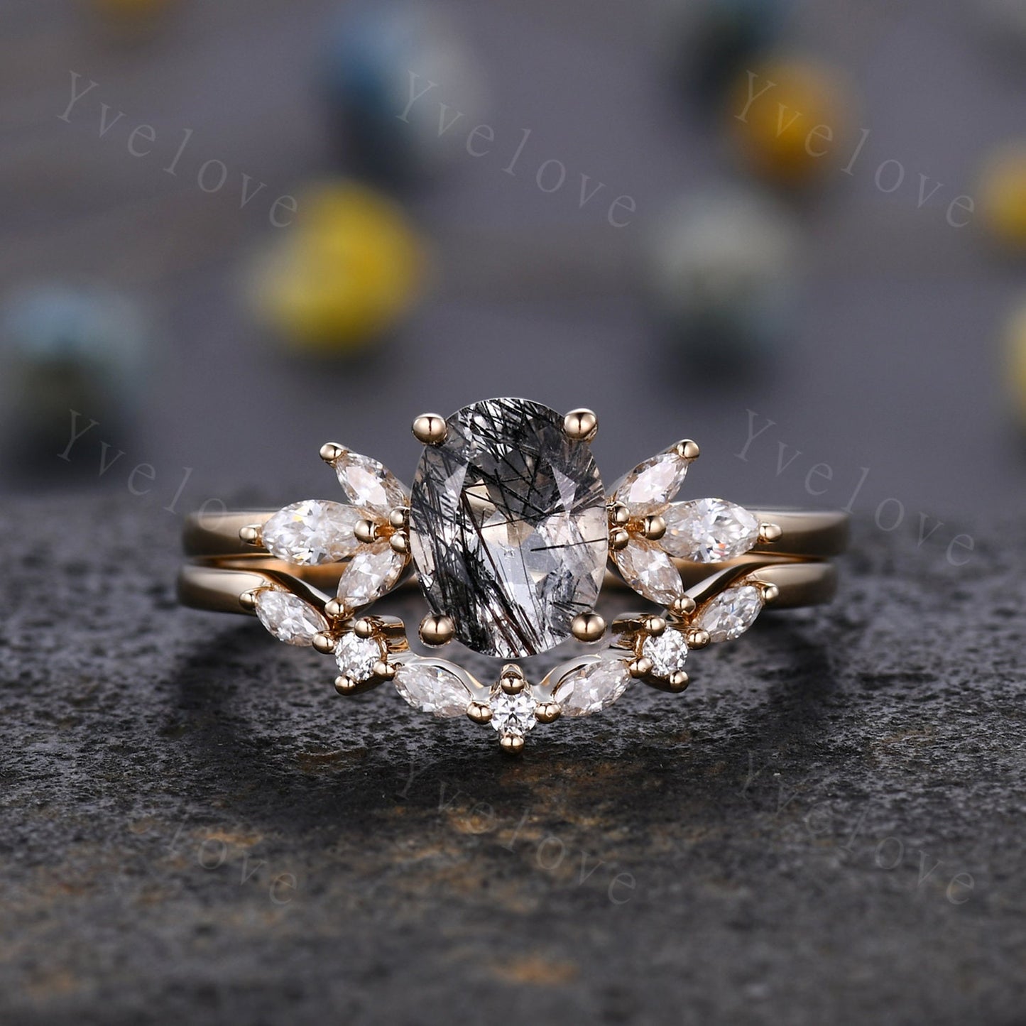 Black Rutilated Quartz Engagement Ring Set Art Deco Ring Women Stacking Diamond Moissanite Matching Band Unique Vintage Floral Jewelry Gold