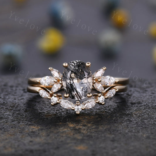 Black Rutilated Quartz Engagement Ring Set Art Deco Ring Women Stacking Diamond Moissanite Matching Band Unique Vintage Floral Jewelry Gold