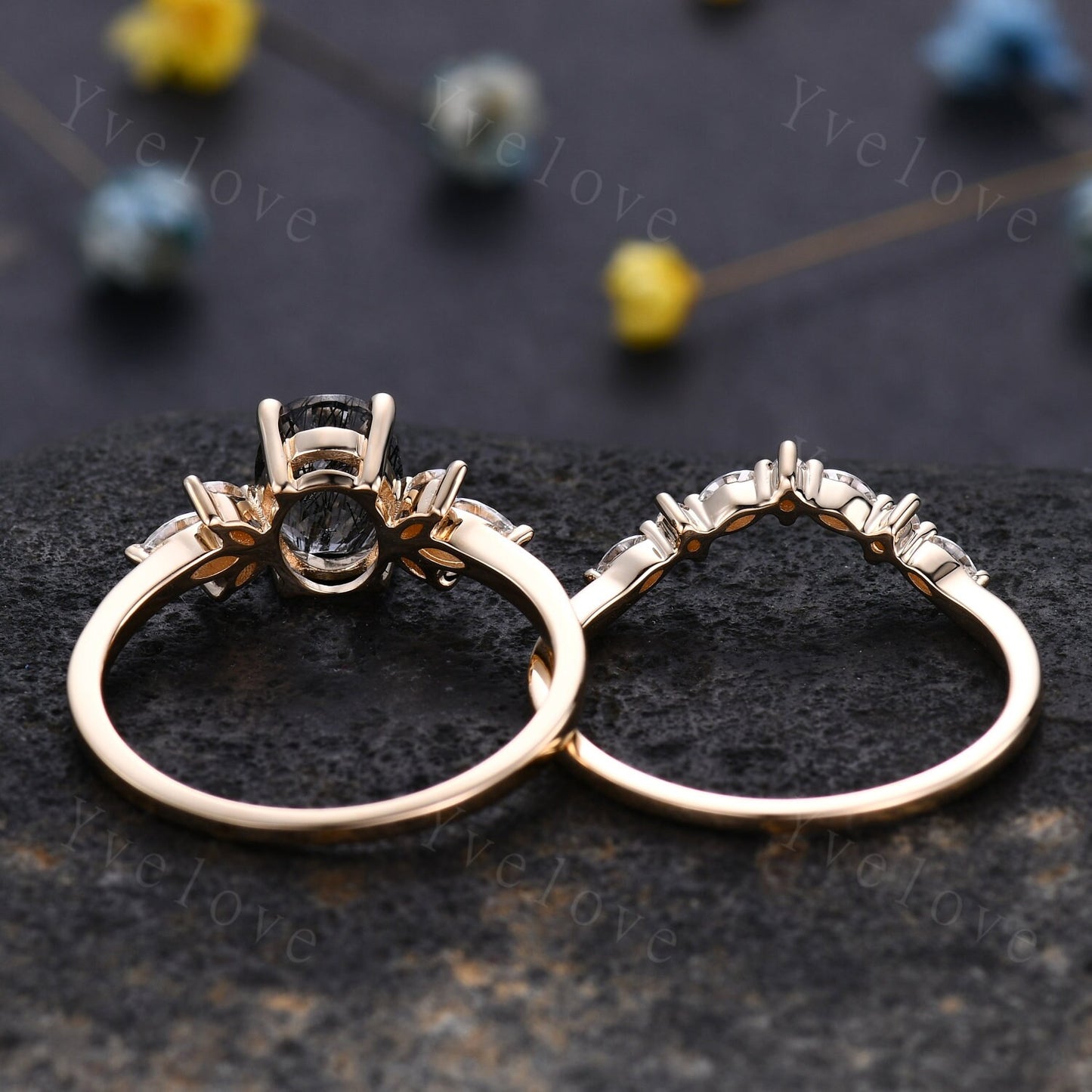 Black Rutilated Quartz Engagement Ring Set Art Deco Ring Women Stacking Diamond Moissanite Matching Band Unique Vintage Floral Jewelry Gold