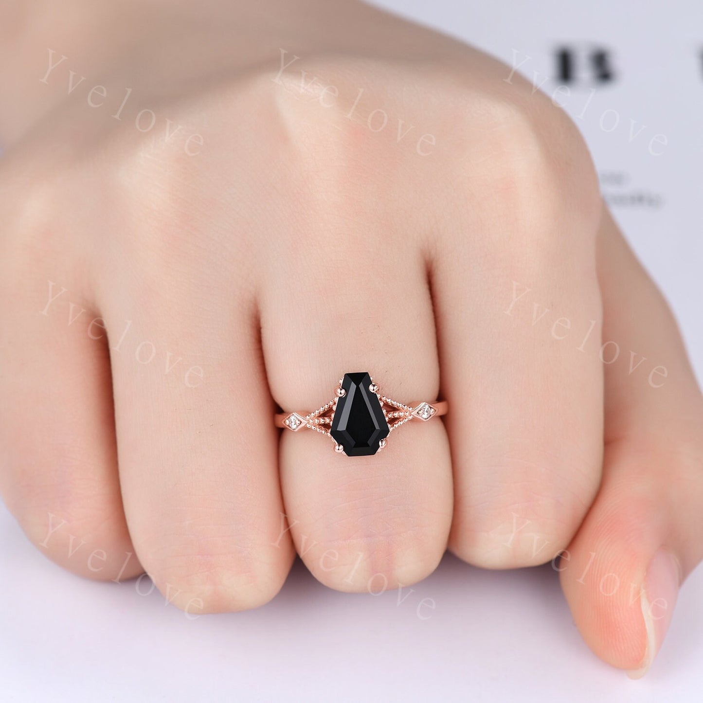 Vintage Coffin black onyx ring diamond wedding ring Unique black onyx engagement ring women rose gold diamond matching band bridal ring gift