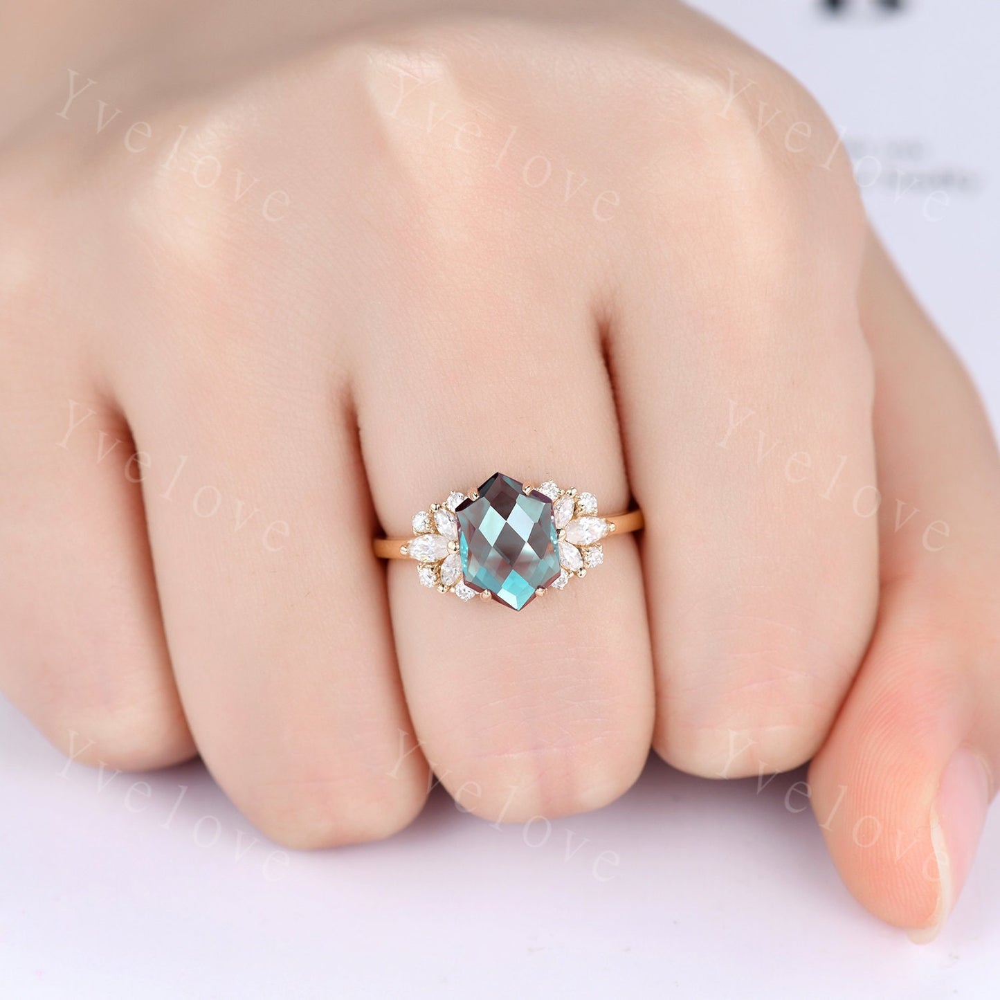 Vintage Alexandrite engagement ring,Unique Hexagon Alexandrite Ring,Cluster Diamond Ring,Bridal Wedding Ring For Women Gift,Statement Ring