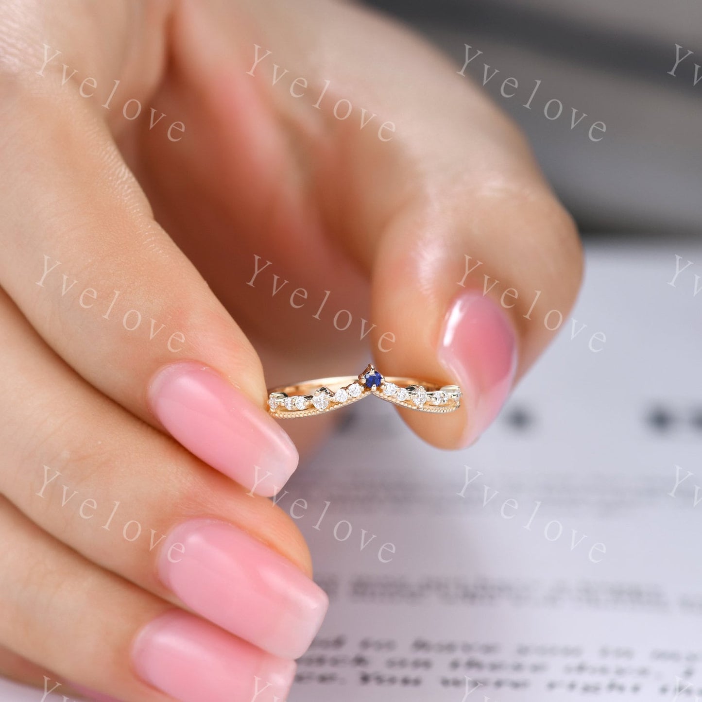 Curved Wedding Band Solid Gold Diamond Blue Sapphire Ring Women Chevron Matching Stacking Band Unique Promise Anniversary band Gift For Her