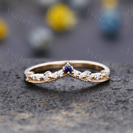 Curved Wedding Band Solid Gold Diamond Blue Sapphire Ring Women Chevron Matching Stacking Band Unique Promise Anniversary band Gift For Her