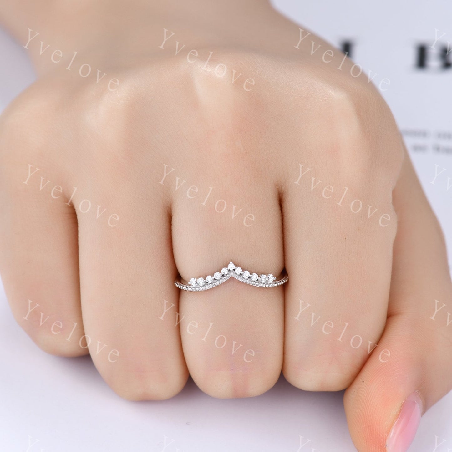Curved Wedding Band 14k Sold White Gold Diamond Ring Women Chevron Matching Stacking Moissanite Band Unique Promise Anniversary Bridal Ring