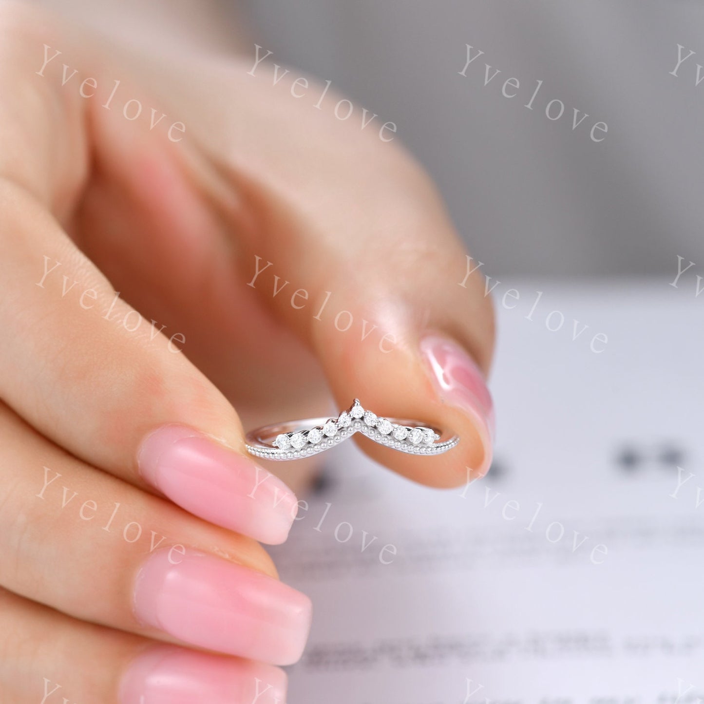 Curved Wedding Band 14k Sold Rose Gold Diamond Ring Women Chevron Matching Stacking Moissanite Band Unique Promise Anniversary Bridal Ring