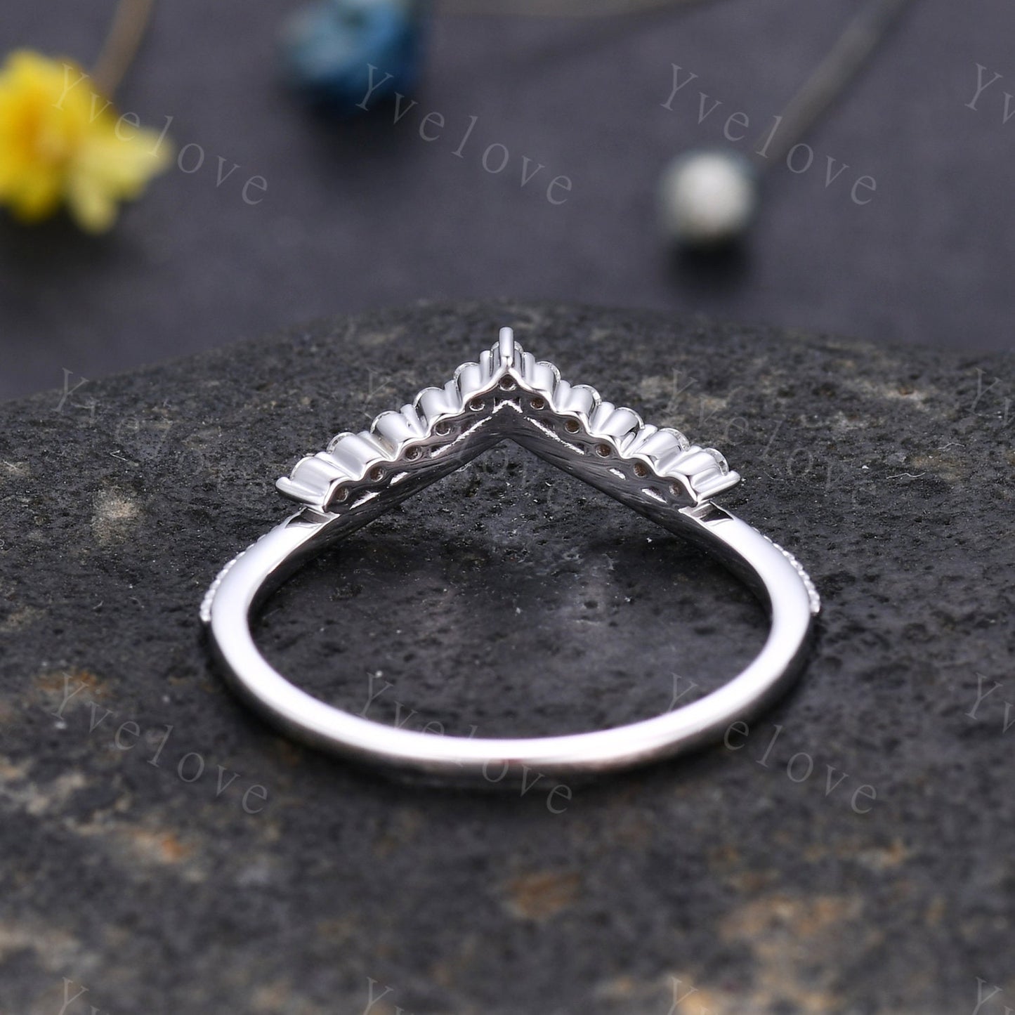Curved Wedding Band 14k Sold Rose Gold Diamond Ring Women Chevron Matching Stacking Moissanite Band Unique Promise Anniversary Bridal Ring