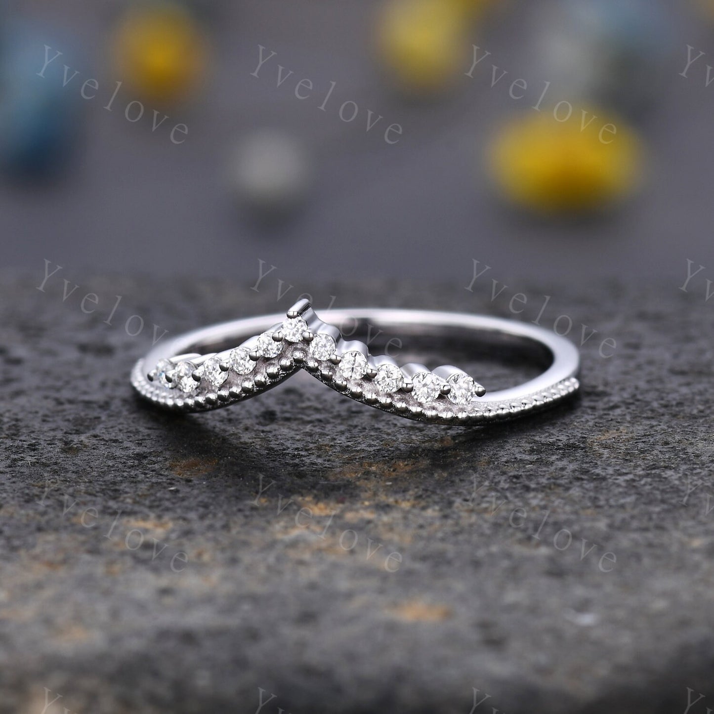 Curved Wedding Band 14k Sold White Gold Diamond Ring Women Chevron Matching Stacking Moissanite Band Unique Promise Anniversary Bridal Ring