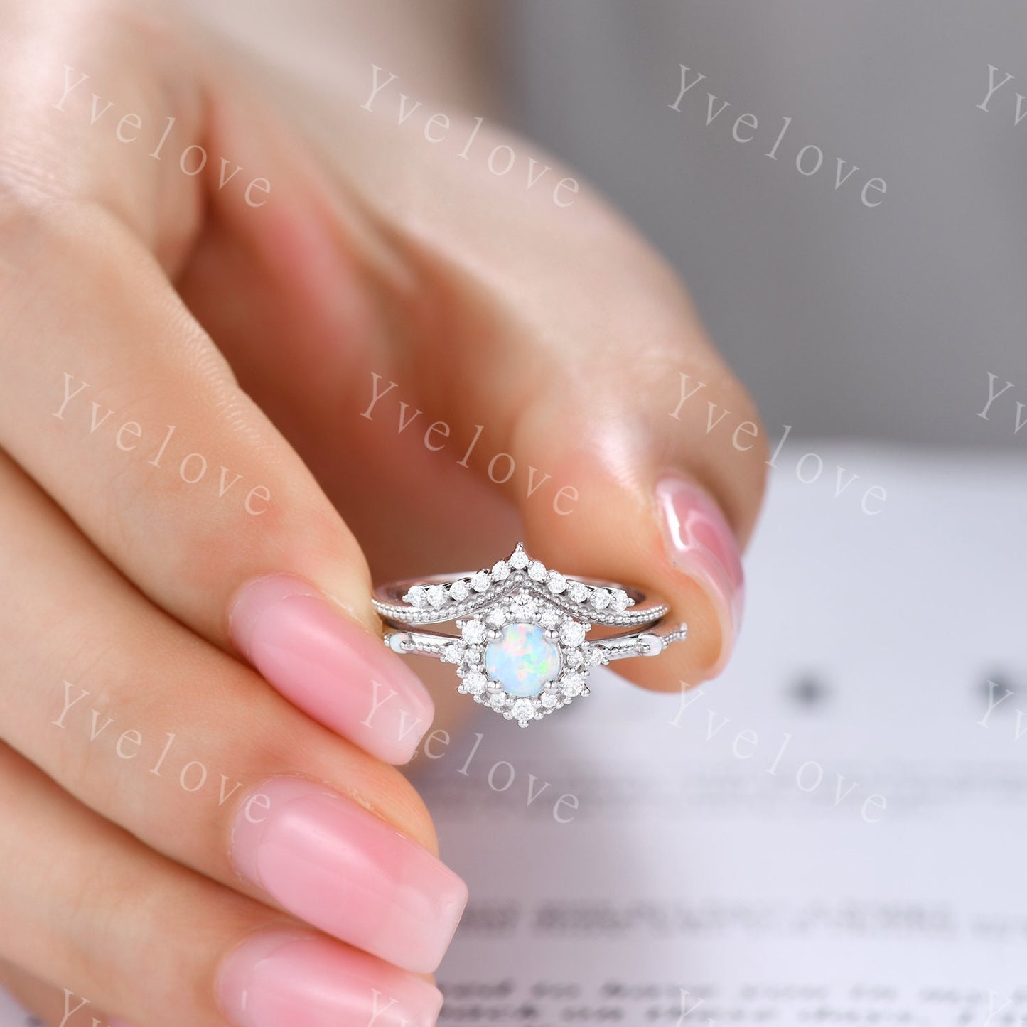 Vintage Opal Engagement Ring Set White Gold Ring Diamond Eternity Ring For Women Stacking Bridal Set Floral Halo Promise Anniversary Gift