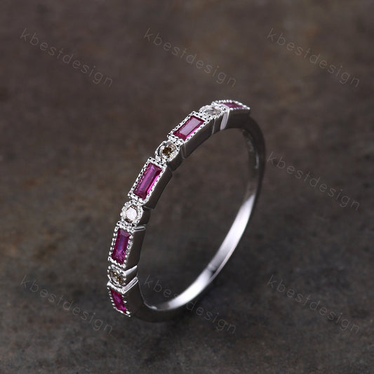 Vintage Ruby Wedding Band Women White Gold Wedding Band Salt and Pepper Diamond Ring Art Deco Stacking Band Anniversary Gift for Her