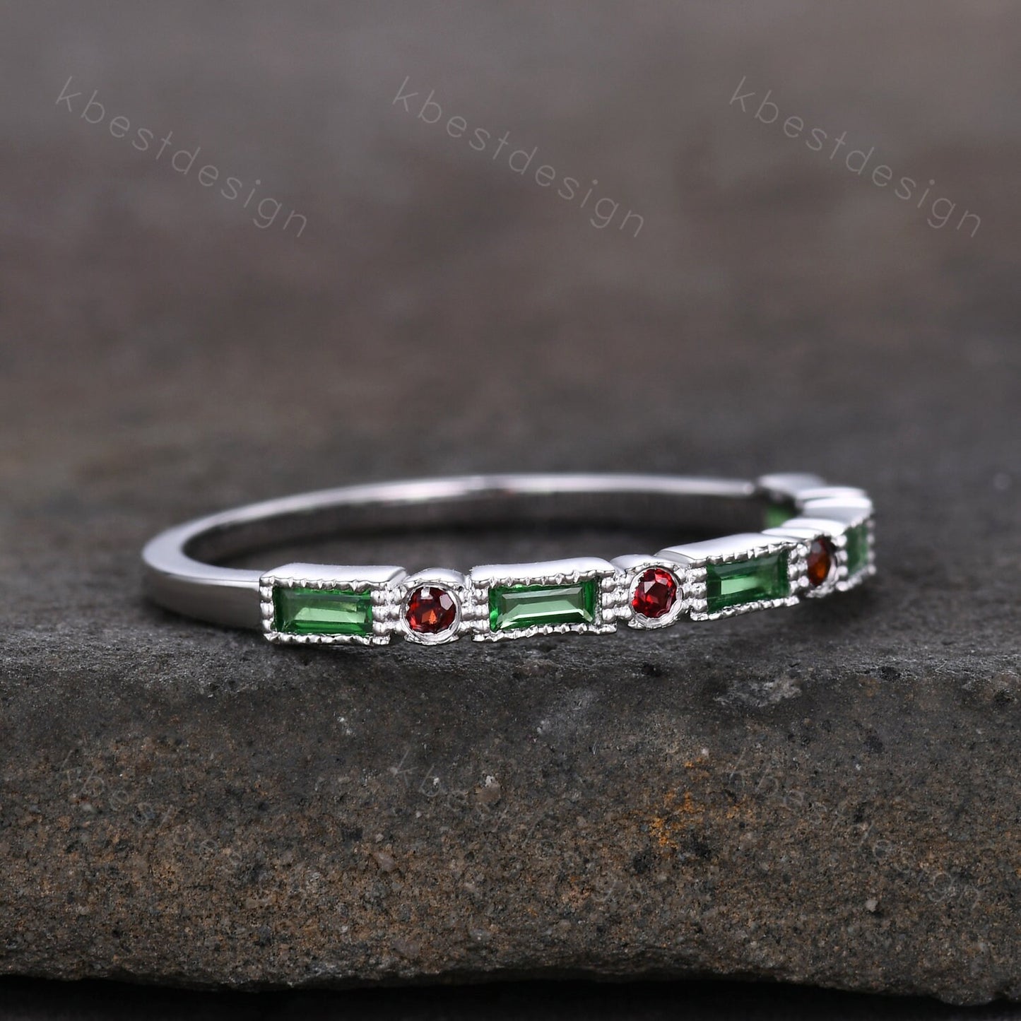 Emerald Wedding Band Half Eternity Band Emerald Garnet Band Art Deco Stacking Wedding Ring Anniversary Ring White Gold Ring Milgrain