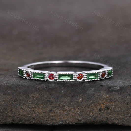 Emerald Wedding Band Half Eternity Band Emerald Garnet Band Art Deco Stacking Wedding Ring Anniversary Ring White Gold Ring Milgrain