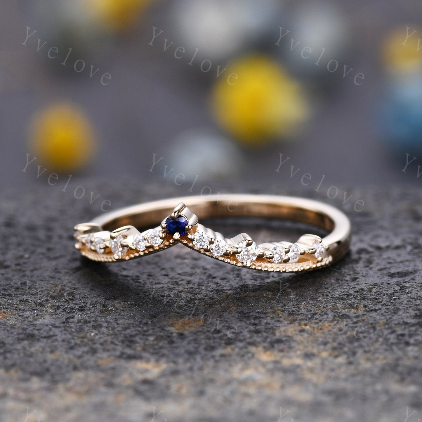 Curved Wedding Band Solid Gold Diamond Blue Sapphire Ring Women Chevron Matching Stacking Band Unique Promise Anniversary band Gift For Her