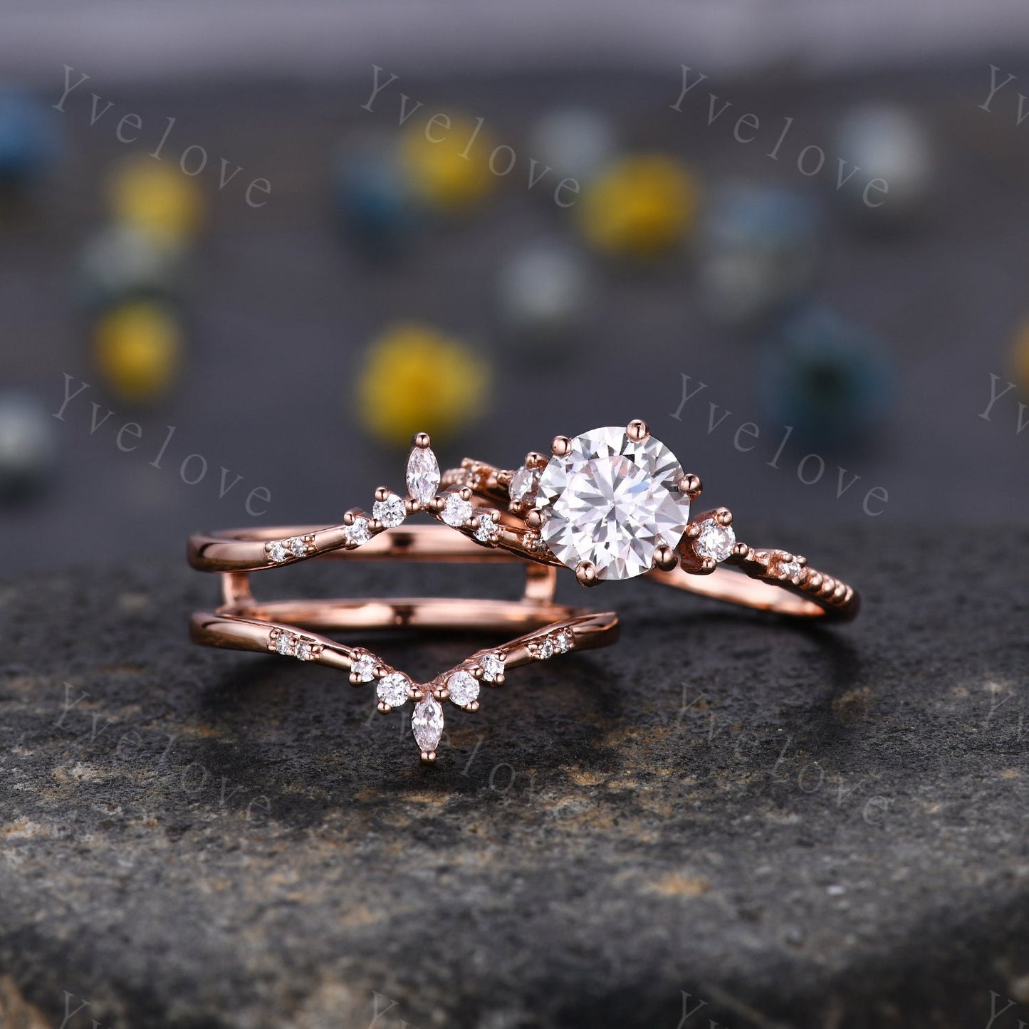 Unique Moissanite Ring Set,Moissanite Engagement Ring,Enhancer Ring,Double Curved band,Women Bridal Matching Stacking Diamond Wedding Band