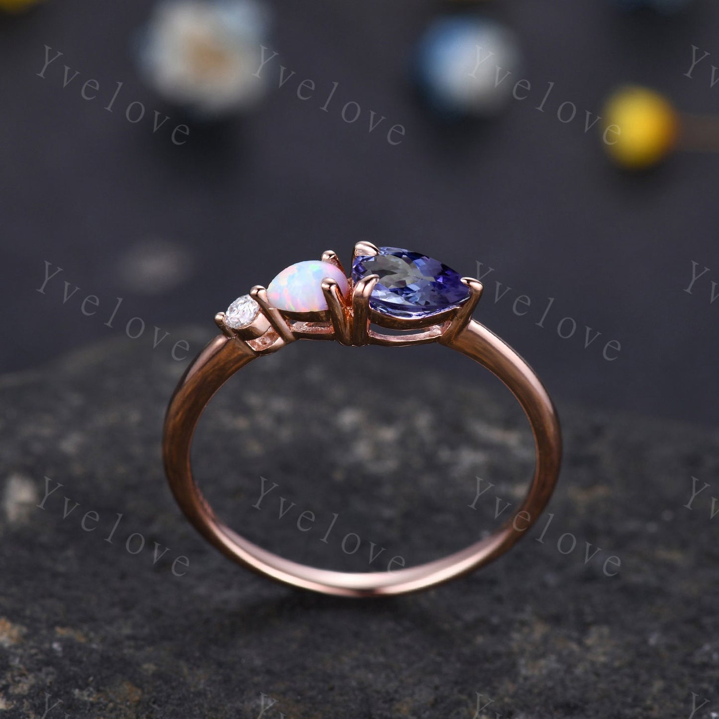 Vintage Tanzanite Opal Ring Engagement Ring,Pear Cut Gems,Art Deco Moissanite Wedding Band,3 Stone Unique Women Bridal Promise Ring,Silver