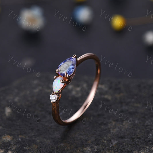 Vintage Tanzanite Opal Ring Engagement Ring,Pear Cut Gems,Art Deco Moissanite Wedding Band,3 Stone Unique Women Bridal Promise Ring,Silver