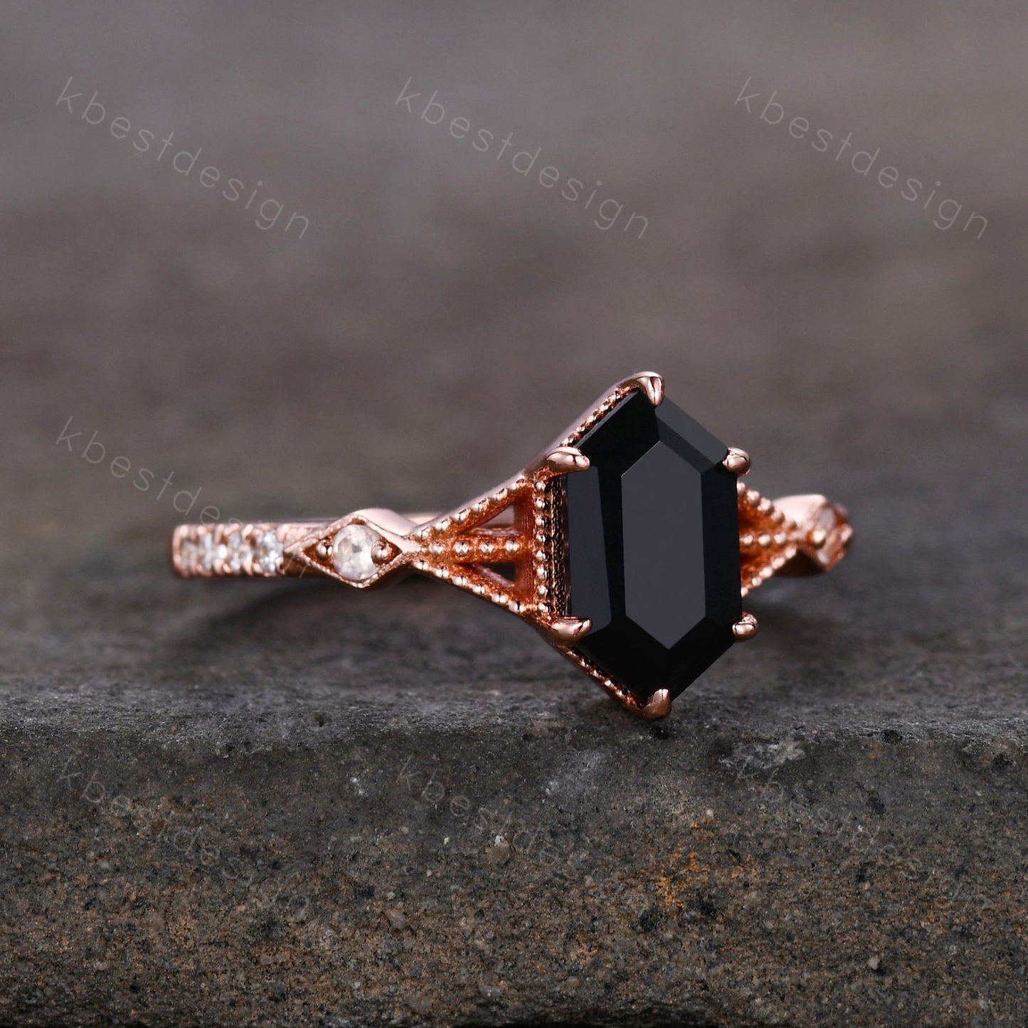 Elongated Hexagon cut Black Onyx Ring Vintage Rose Gold Ring Unique Black Stone Engagement Ring Promise Ring Anniversary Ring Gift For Her