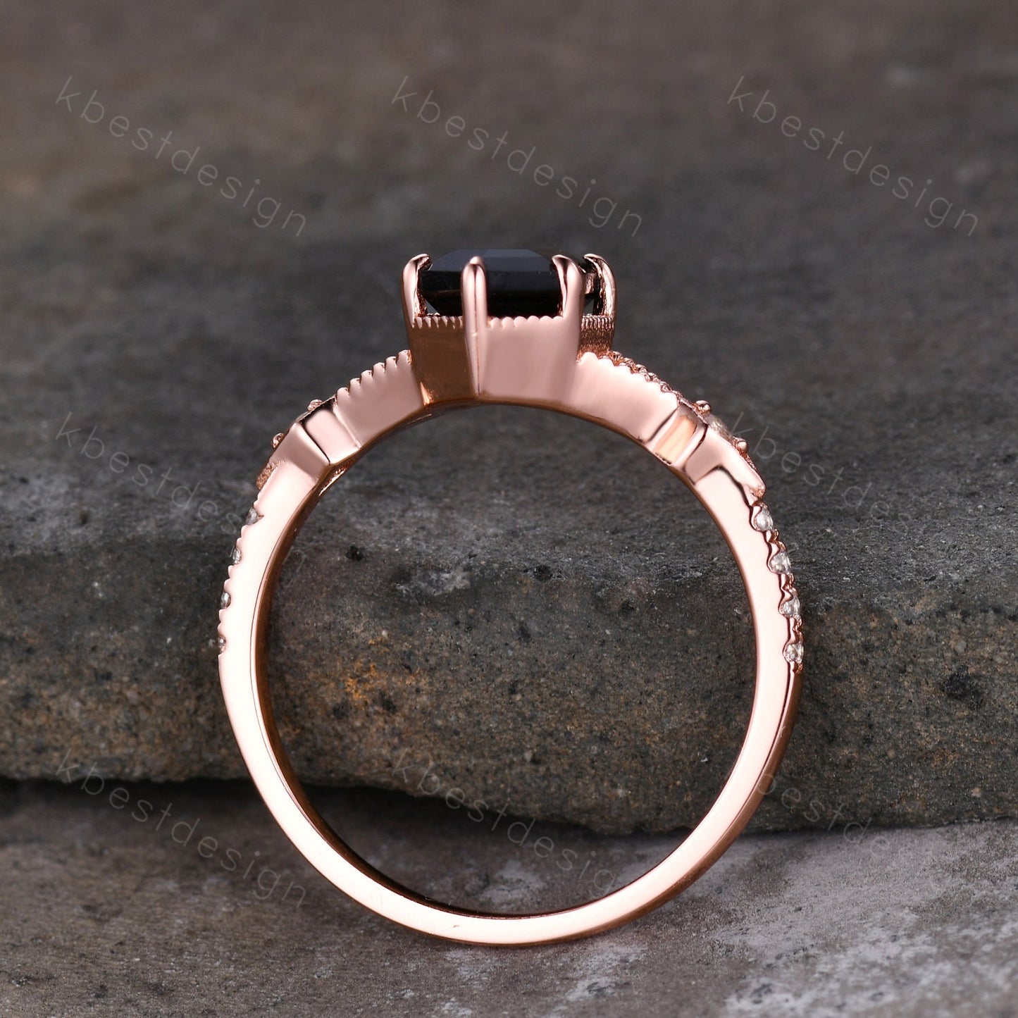 Elongated Hexagon cut Black Onyx Ring Vintage Rose Gold Ring Unique Black Stone Engagement Ring Promise Ring Anniversary Ring Gift For Her