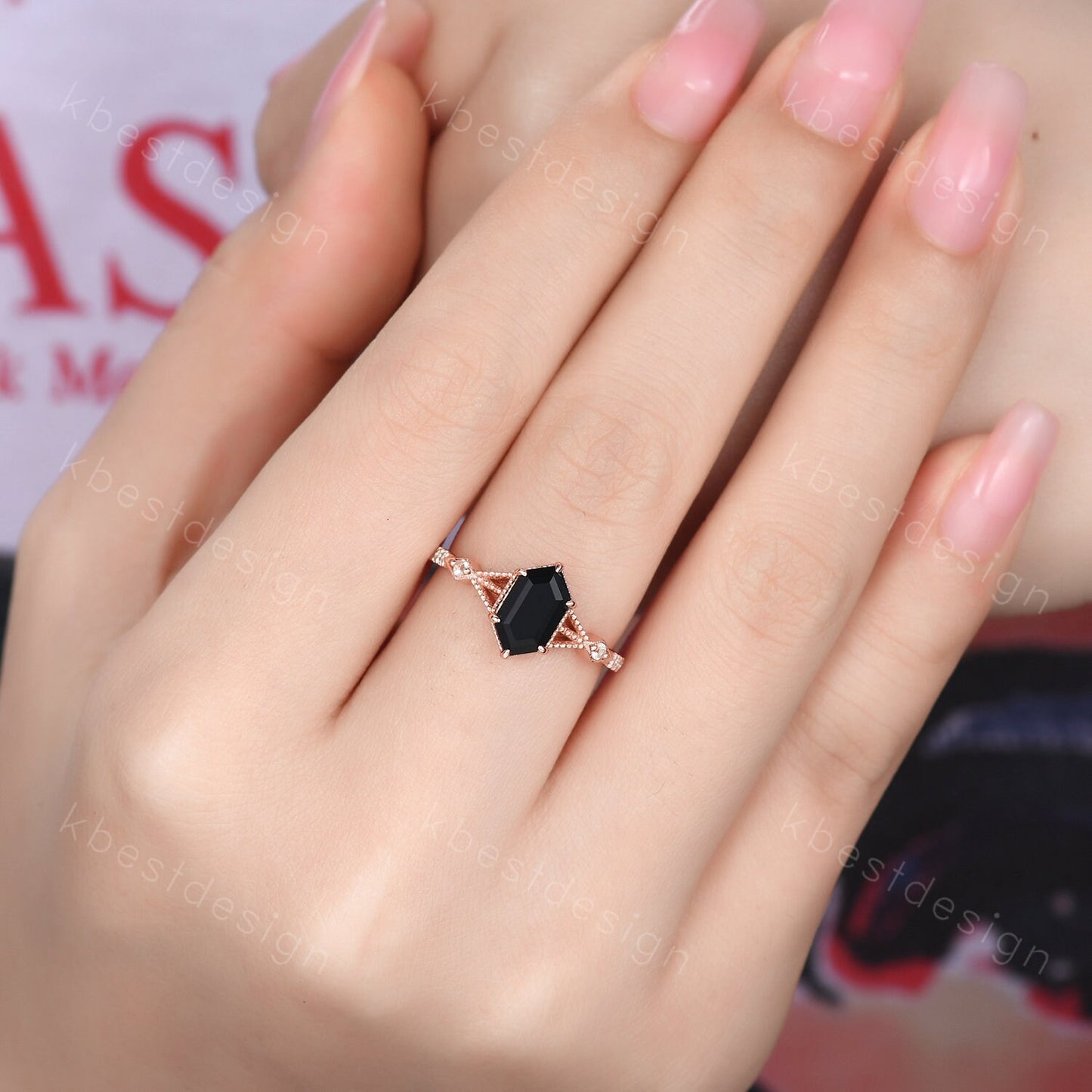Elongated Hexagon cut Black Onyx Ring Silver Ring Art Deco Milgrain Moissanite Wedding Ring Black stone ring Antique Bridal Promise Ring