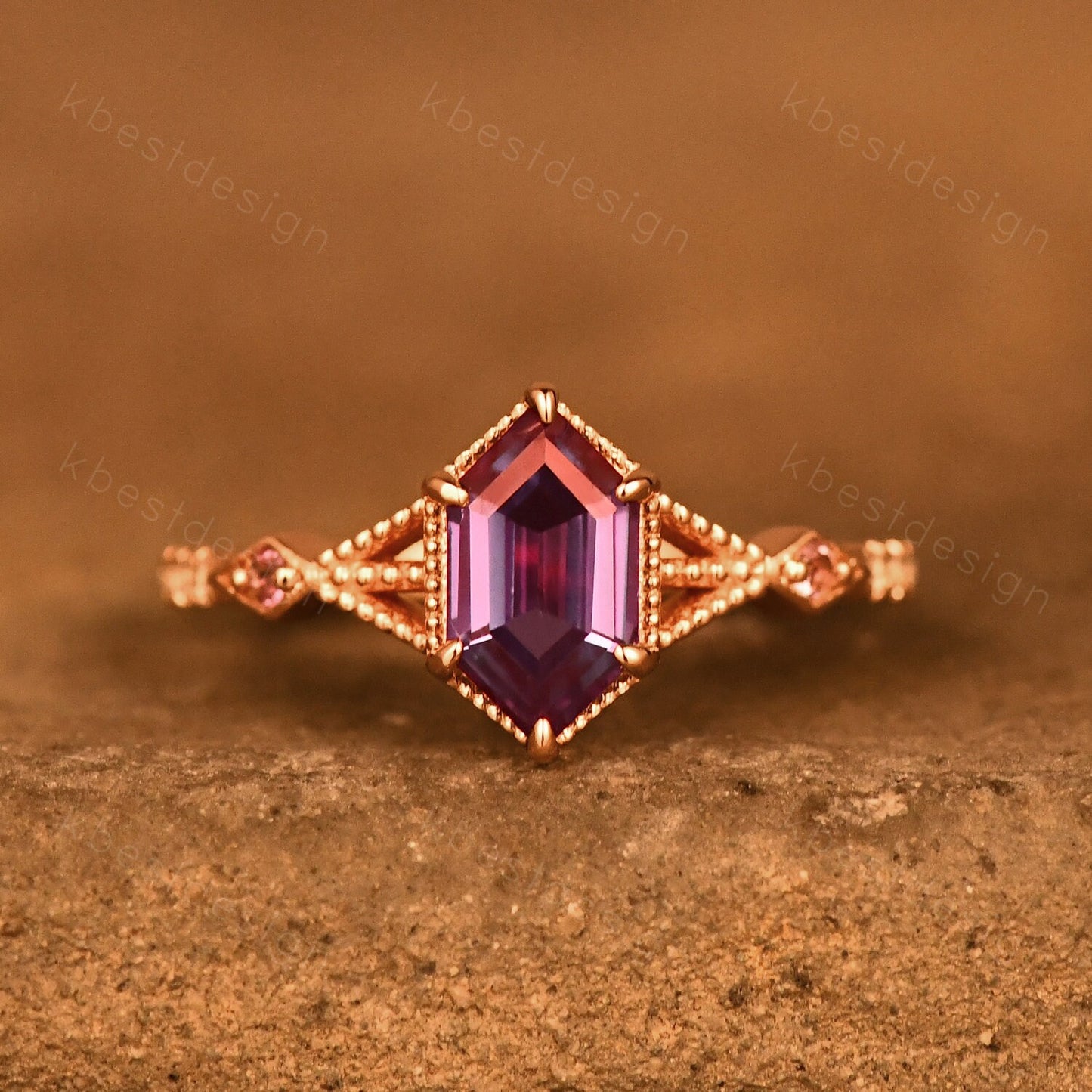 Vintage Alexandrite Engagement Ring Rose Gold ring Antique Hexagon cut Bridal ring Art deco Wedding Ring Milgrain Anniversary Promise Ring