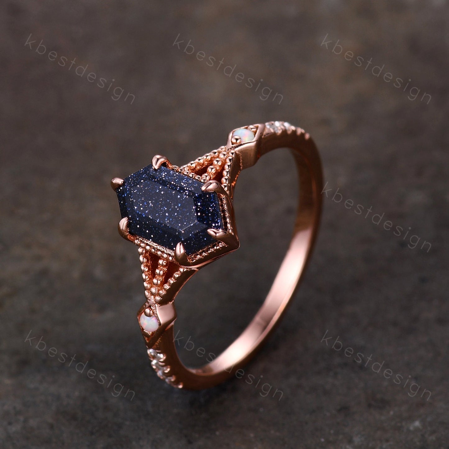 Vintage Blue Sandstone Engagement Ring Rose Gold Antique Hexagon cut ring Bridal Opal Art deco Wedding Ring Anniversary ring