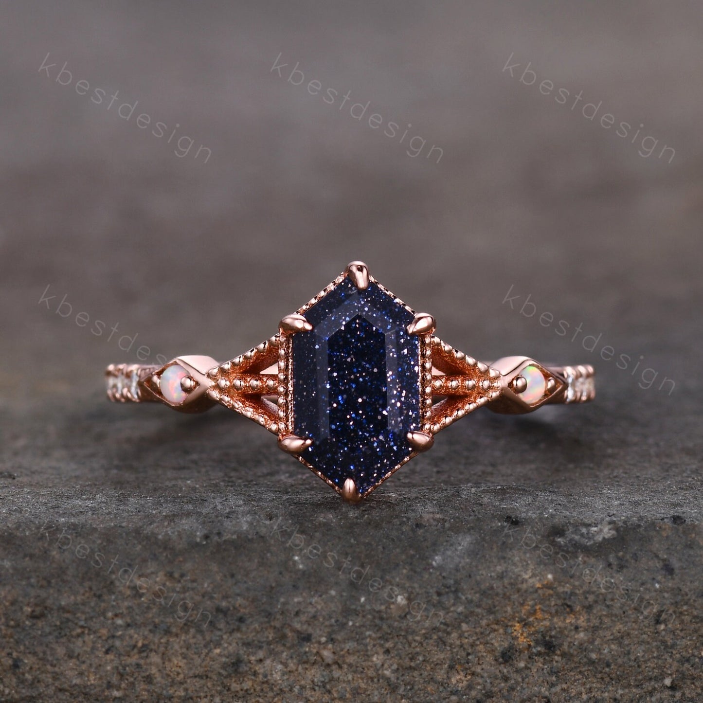 Antique Blue Sandstone Engagement Ring Set Hexagon cut Engagement Ring Unique Art Deco Moissanite Stacking Matching Band Bridal Promise Set
