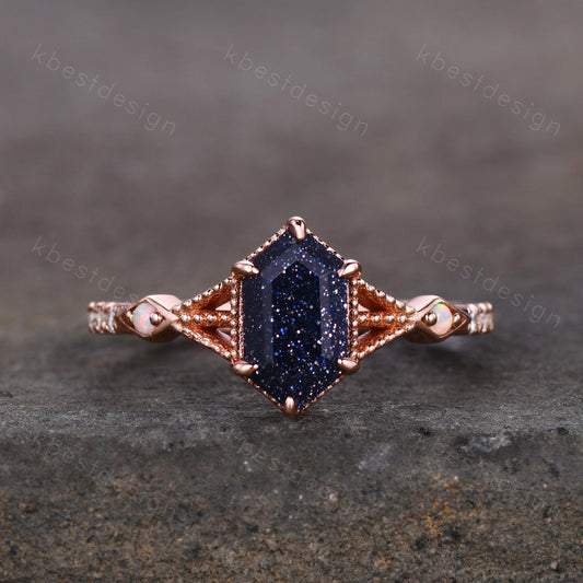 Vintage Blue Sandstone Engagement Ring Rose Gold Antique Hexagon cut ring Bridal Opal Art deco Wedding Ring Anniversary ring