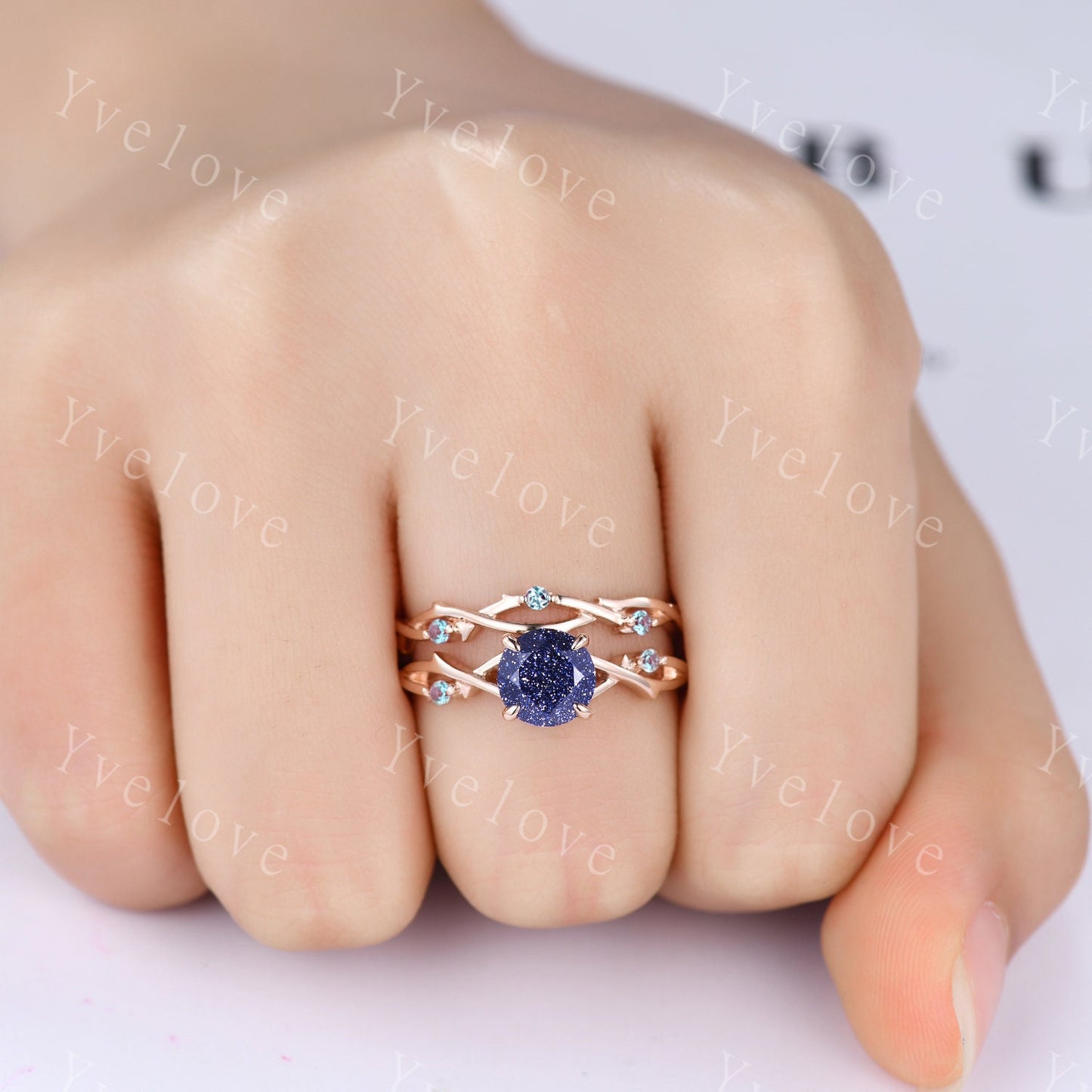 Twig Blue Sandstone Alexandrite Engagement Ring,Sandstone engagement ring set,Galaxy vintage unique promise ring set gift for women,silver