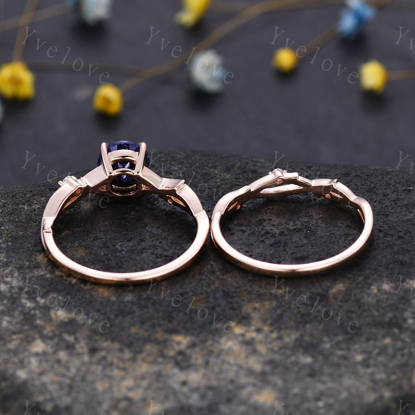Twig Blue Sandstone Alexandrite Engagement Ring,Sandstone engagement ring set,Galaxy vintage unique promise ring set gift for women,silver
