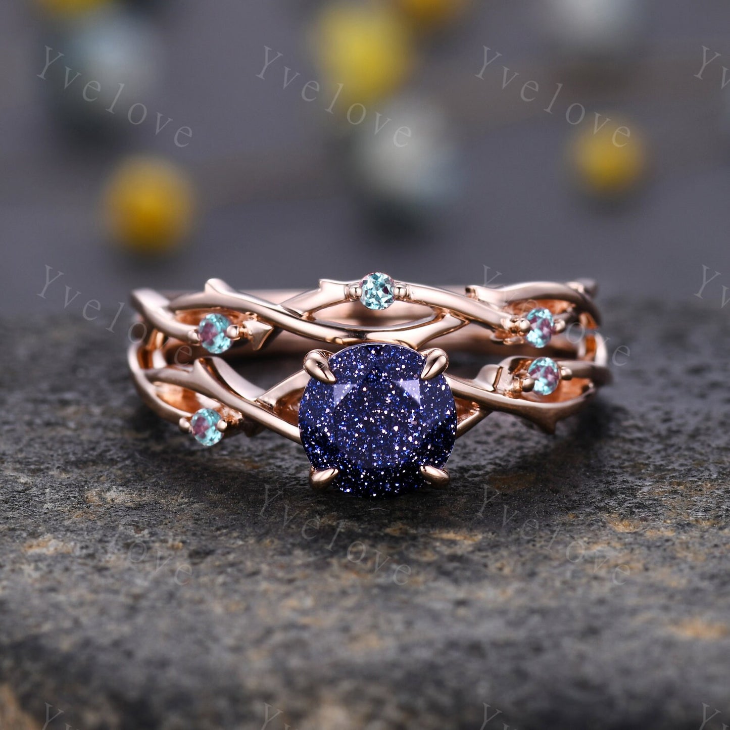 Twig Blue Sandstone Alexandrite Engagement Ring,Sandstone engagement ring set,Galaxy vintage unique promise ring set gift for women,silver