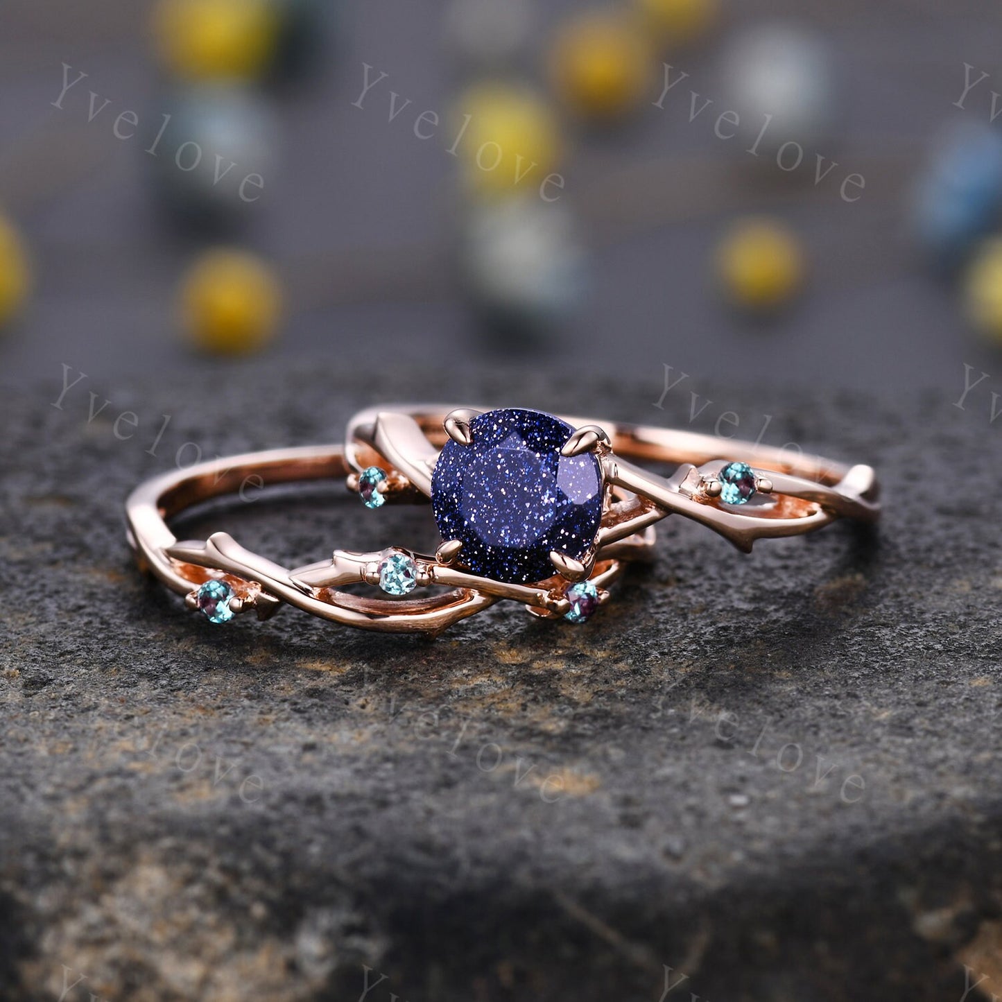 Twig Blue Sandstone Alexandrite Engagement Ring,Sandstone engagement ring set,Galaxy vintage unique promise ring set gift for women,silver