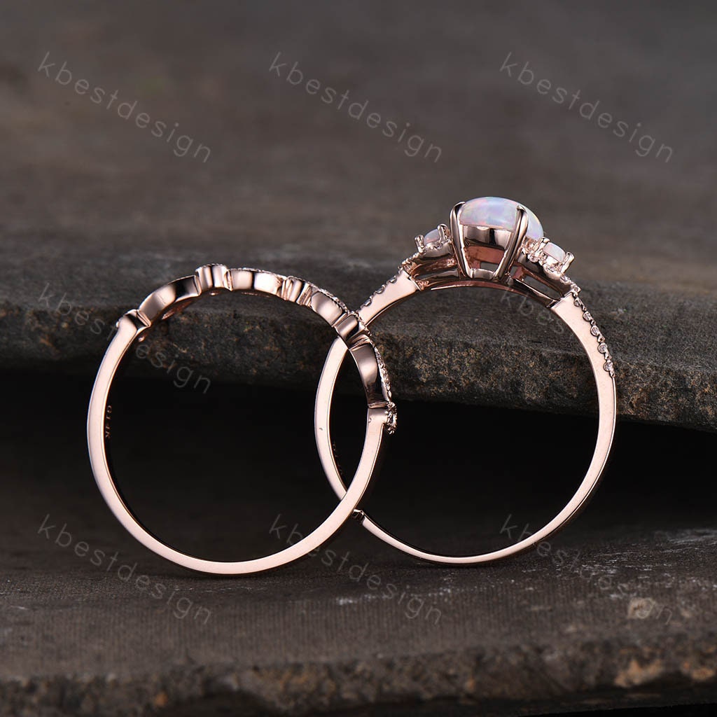 Vintage white opal engagement ring 14k rose gold oval cut ring art deco curved peridot stacking band unique bridal promise ring set