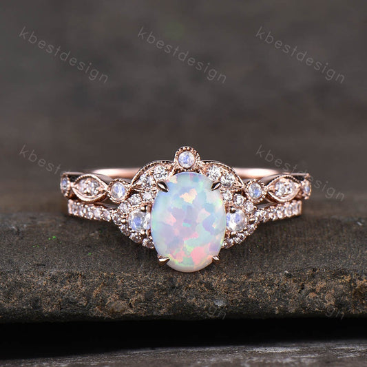 Vintage Opal Engagement Ring Set, Rose Gold Rings for Women, Opal Moonstone Wedding Ring Set, Art Deco Moissanite Band, Oval Cut Bridal Set