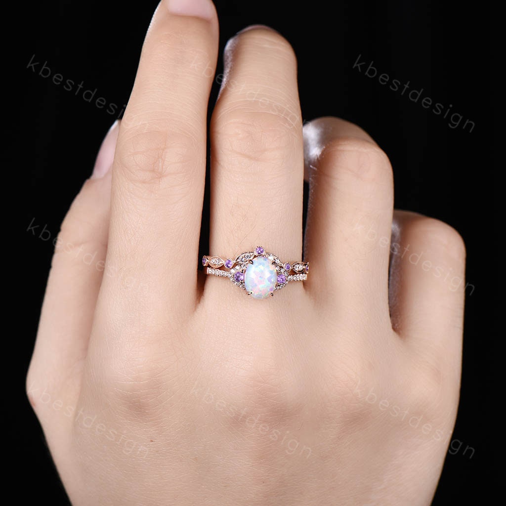 14K Rose Gold Opal Engagement Ring Set Vintage Oval Opal Amethyst Bridal Set Unique Curved Moissanite Wedding Ring Anniversary Promise Gift
