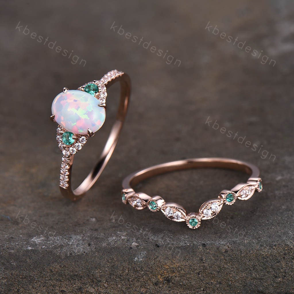Oval White Opal Engagement Ring Set Oval Cut Ring Vintage Opal Emerald Wedding Ring Set Unique Curved Stacking Band October Birthstone Ring