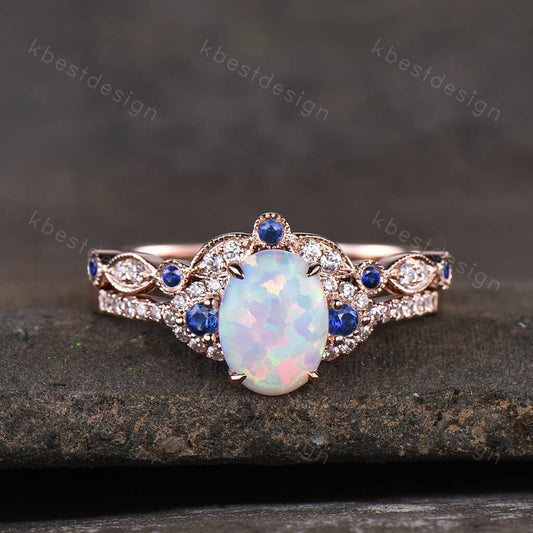 Oval Opal Engagement Ring set Rose gold Engagement Ring Vintage Unique Moissanite Ring Curved Sapphire Stacking Band Promise Ring Gift