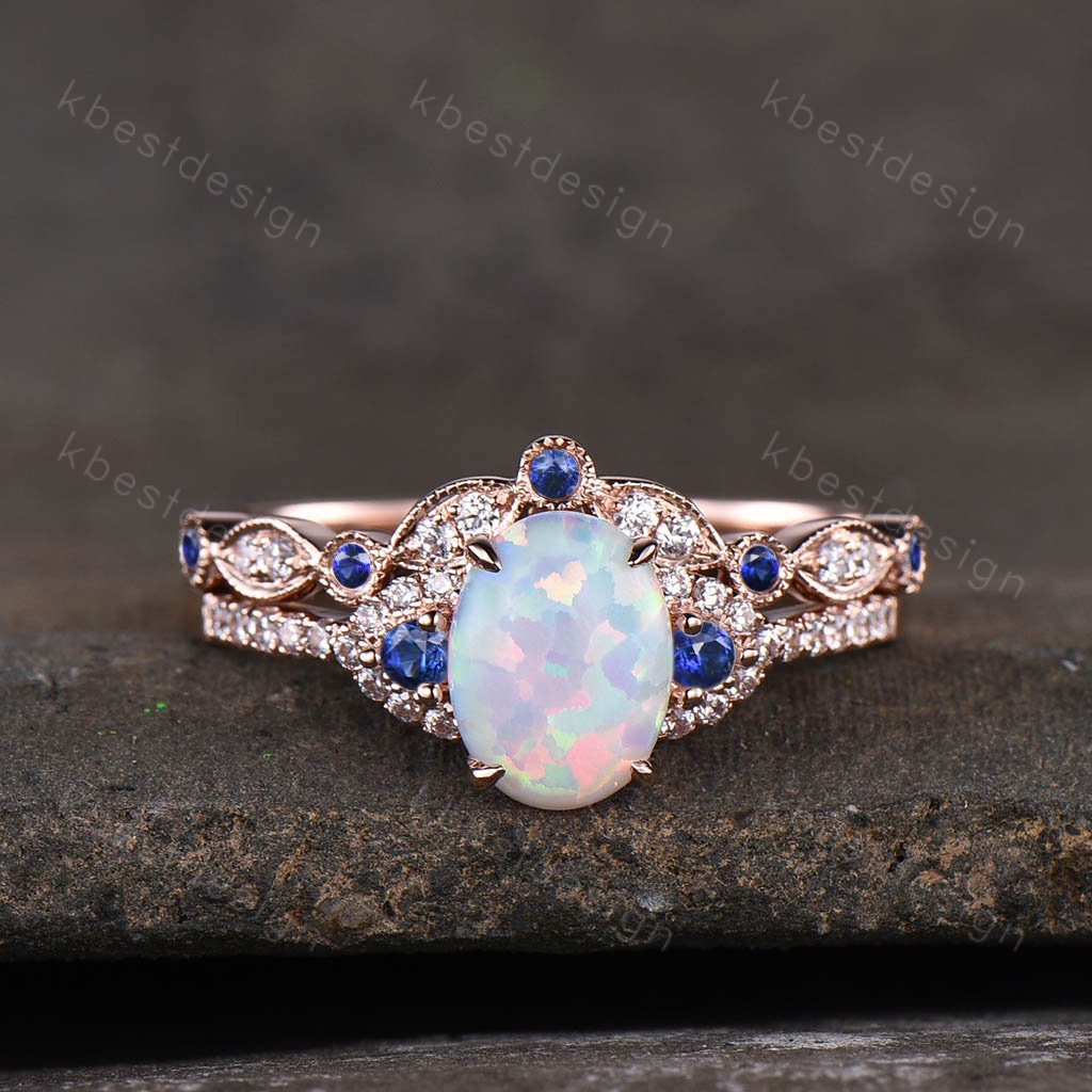 Oval Opal Engagement Ring set Rose gold Engagement Ring Vintage Unique Moissanite Ring Curved Sapphire Stacking Band Promise Ring Gift