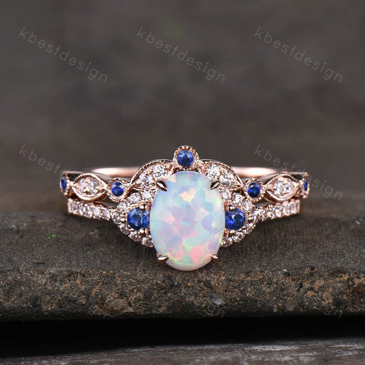 Oval Opal Engagement Ring set Rose gold Engagement Ring Vintage Unique Moissanite Ring Curved Sapphire Stacking Band Promise Ring Gift
